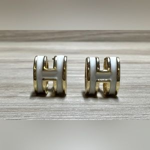 Gold and White H Hoop Earrings - Designer Style